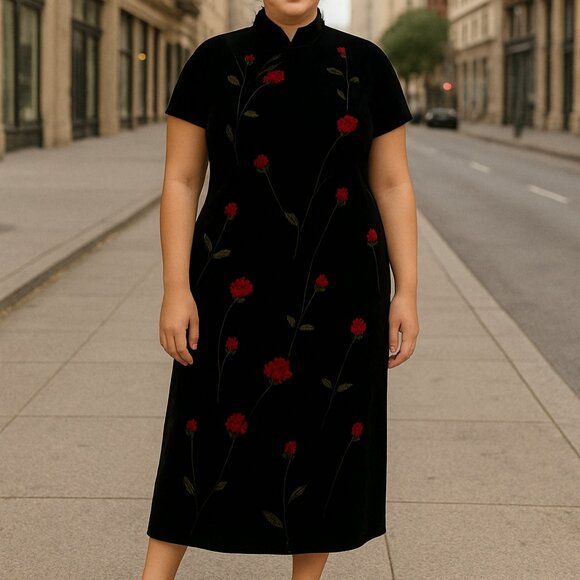 Vintage 90s Black and Red Floral Velour Midi Dress w/ Mandarin Collar - Size 10 - Picture 1 of 10